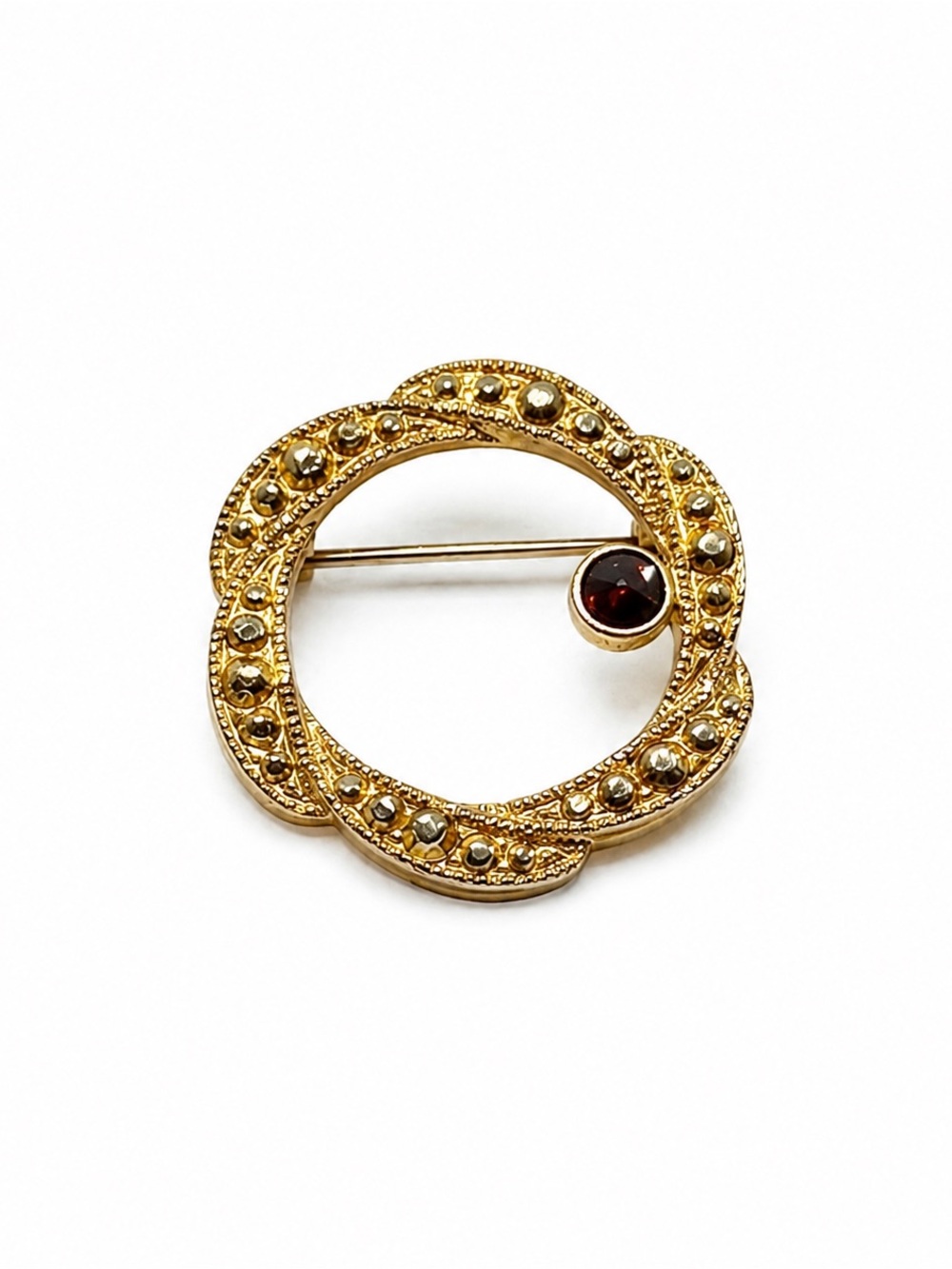 Vintage Gold Tone Circle Brooch Red Rhinestone Accent